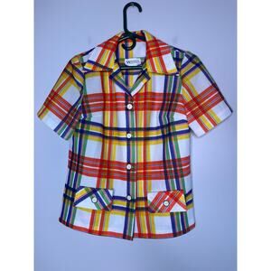 1970s Walden Rainbow Plaid Maximalist Disco Dagger Collar Button Up Shirt M